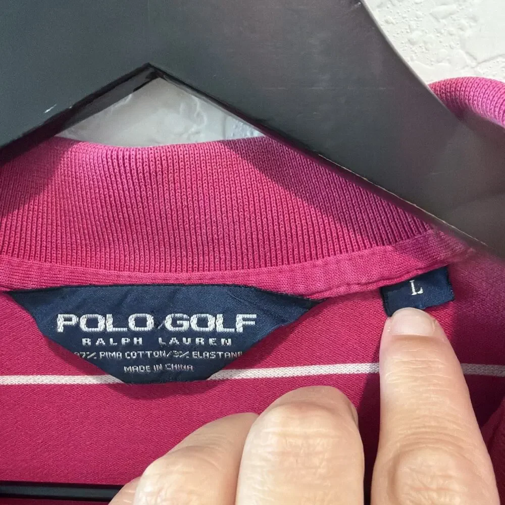 Vintage Polo Golf Ralph Lauren Embroidered Dark Pink White Striped Pima Cotton